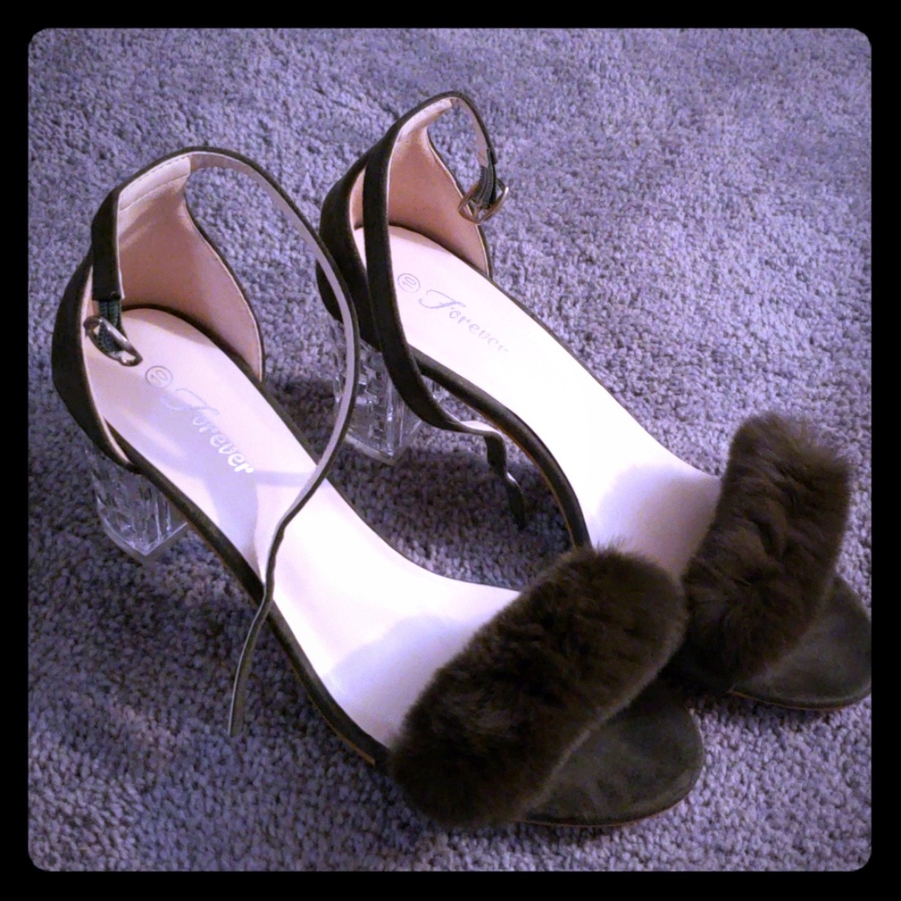 Army green furry heels with clear crystal heel